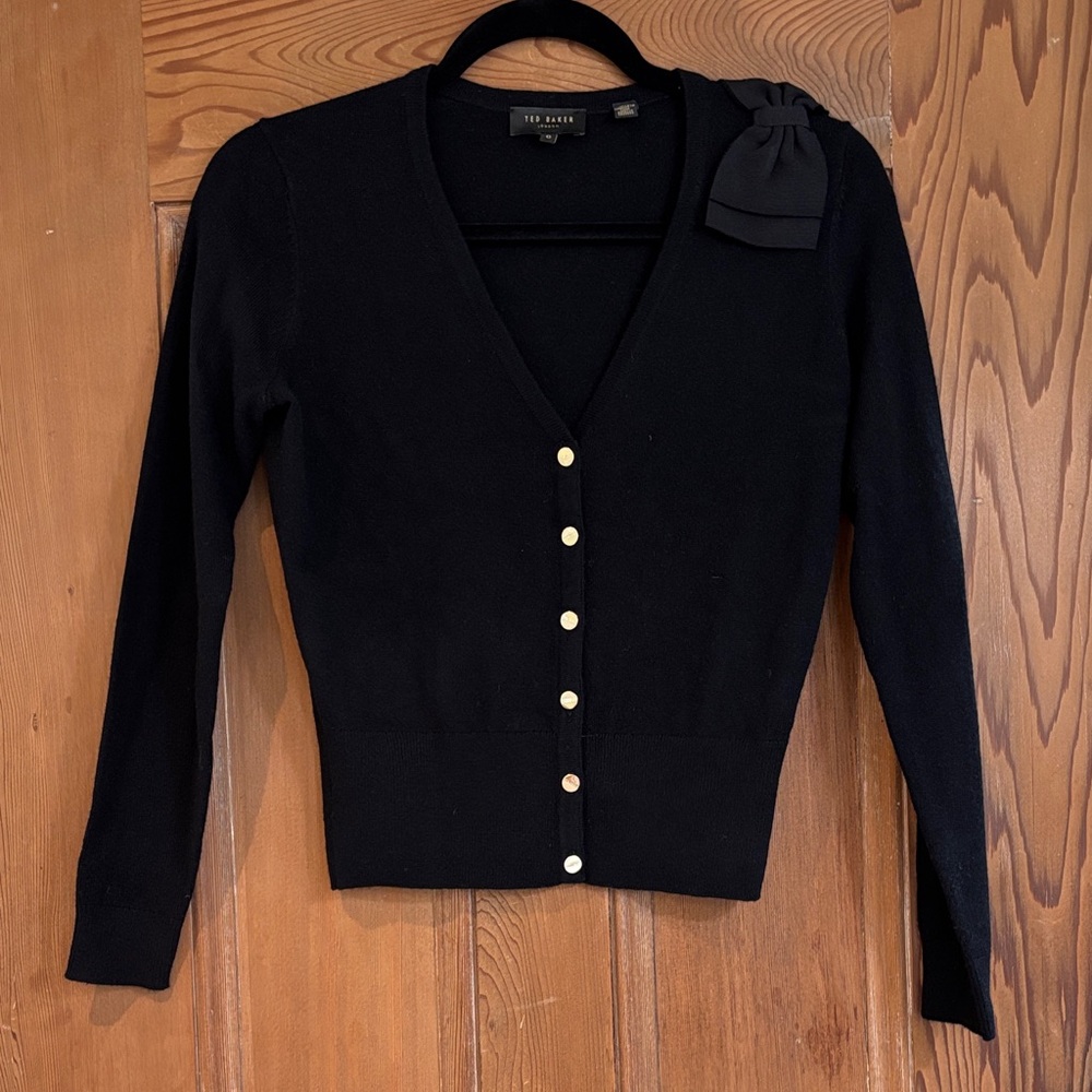 Ted Baker Elegant Black Cardigan with Shoulder Bow